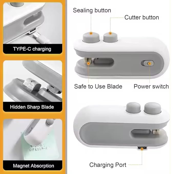 Mini Portable Vacuum Sealer with Cutter – 2 in 1 USB Rechargeable Heat Sealing Machine for Plastic Bags, Snacks, Chips, and Food Storage
