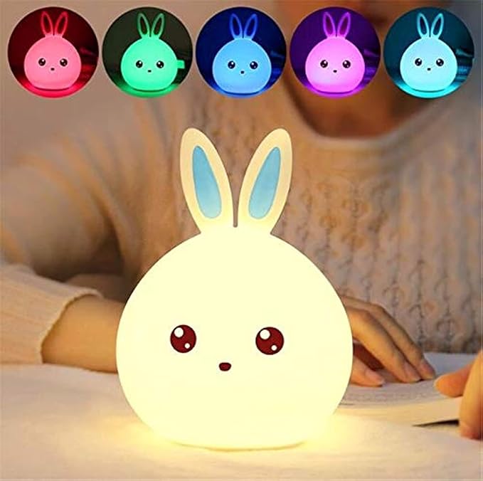 Big Face Rabbit Silicone Night Light – Color Changing LED Lamp with Touch Sensor | USB Rechargeable Cute Bedside Lamp for Kids Room, Baby Nursery & Gifts
