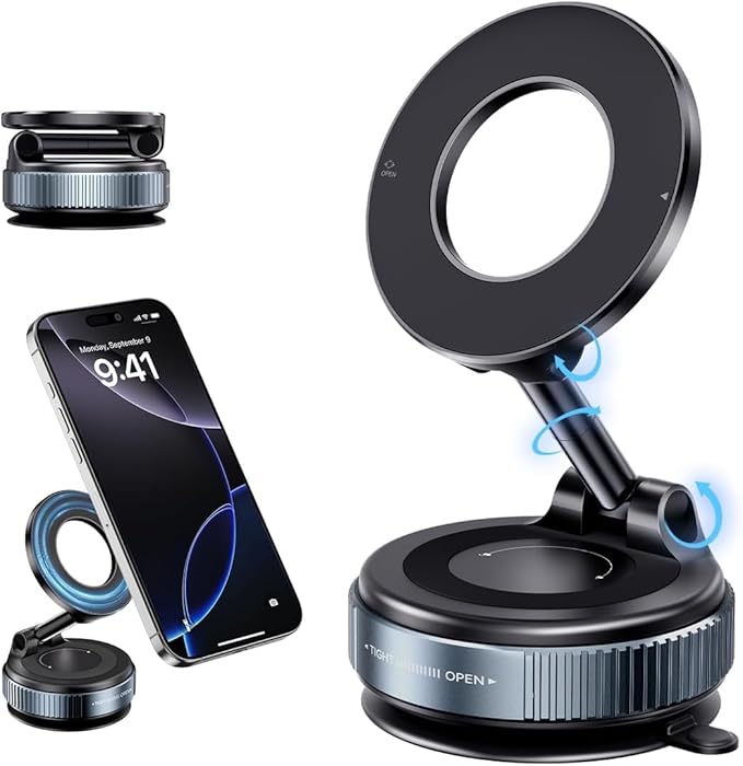 60° Vacuum Magnetic Phone Holder | 360° Rotating Car Phone Mount with Strong Suction Cup | Universal Magnetic Stand for Car, Gym, Mirror & Shower