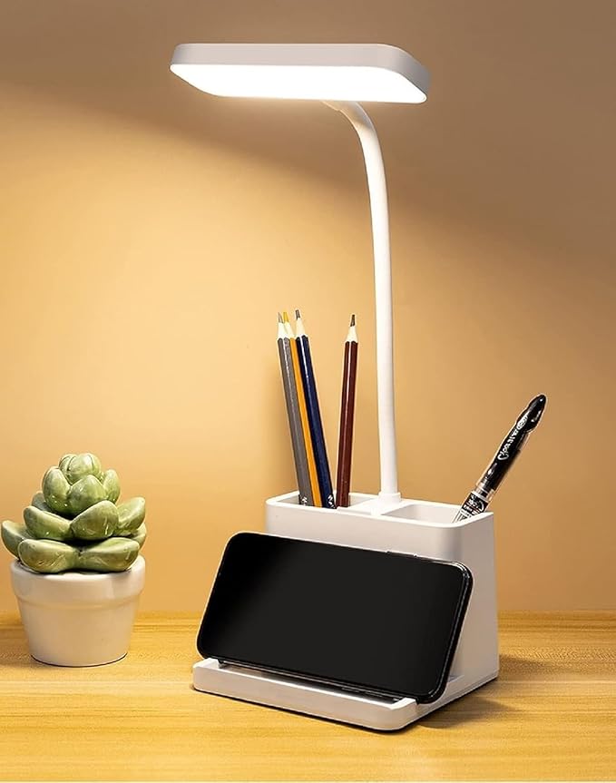 Rechargeable LED Desk Lamp for Study, Reading & Work | Touch Control with 3 Color Modes | USB Charging, Flexible Gooseneck, Phone & Pen Holder | Desk Organizer for Students & Office