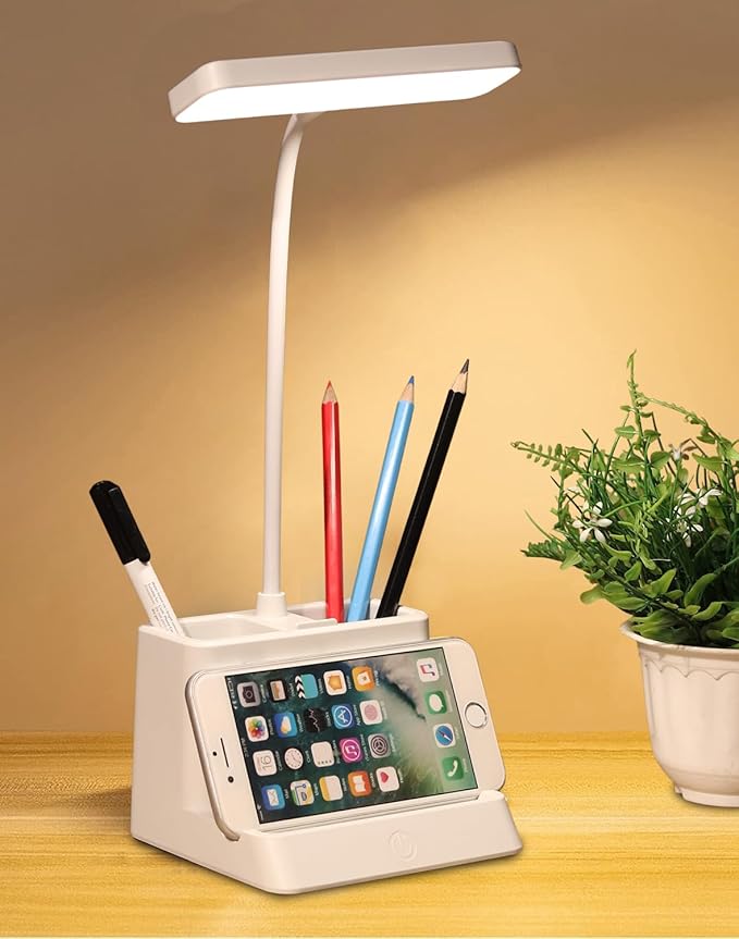 Rechargeable LED Desk Lamp for Study, Reading & Work | Touch Control with 3 Color Modes | USB Charging, Flexible Gooseneck, Phone & Pen Holder | Desk Organizer for Students & Office