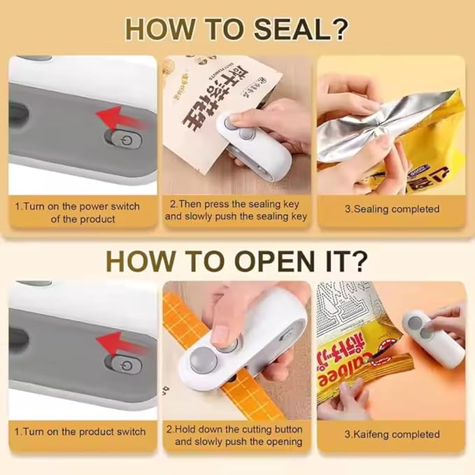 Mini Portable Vacuum Sealer with Cutter – 2 in 1 USB Rechargeable Heat Sealing Machine for Plastic Bags, Snacks, Chips, and Food Storage