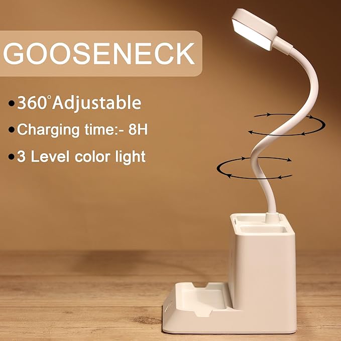 Rechargeable LED Desk Lamp for Study, Reading & Work | Touch Control with 3 Color Modes | USB Charging, Flexible Gooseneck, Phone & Pen Holder | Desk Organizer for Students & Office
