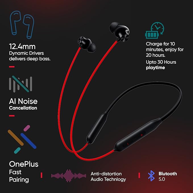 OnePlus Bullets Wireless Z2 Bluetooth Earphones with Mic – Acoustic Red | 30 Hrs Battery, Fast Charging, Deep Bass, IP55 Water Resistant