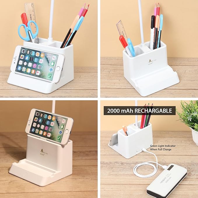 Rechargeable LED Desk Lamp for Study, Reading & Work | Touch Control with 3 Color Modes | USB Charging, Flexible Gooseneck, Phone & Pen Holder | Desk Organizer for Students & Office
