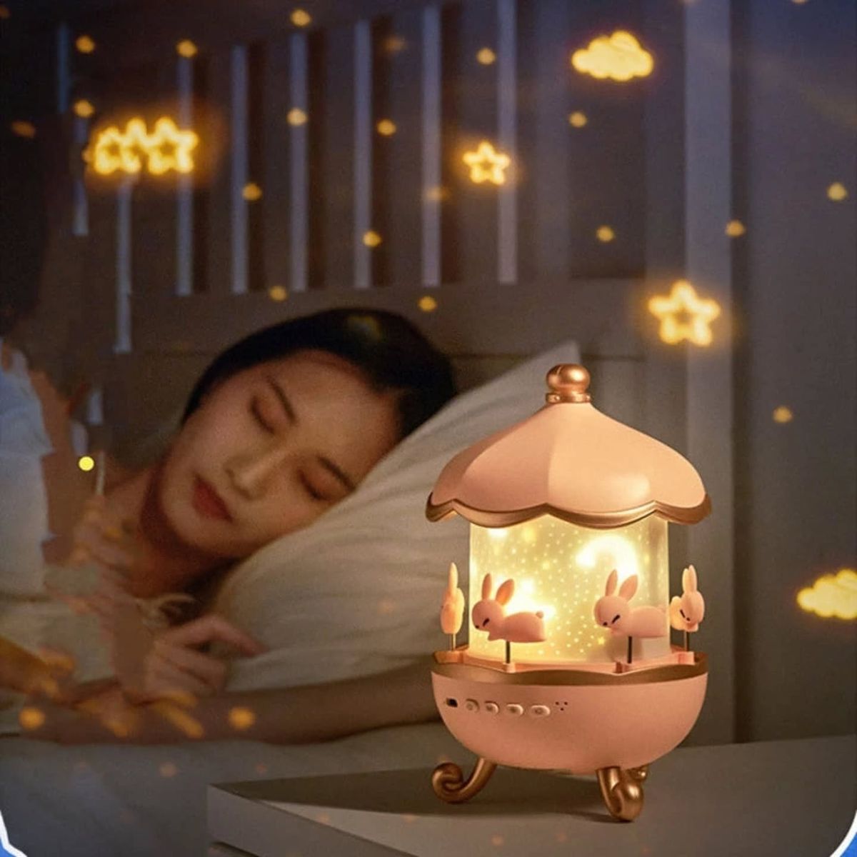 Bunny Carousel Night Light Projector – 6 Film Sets, Rotating LED Star Projection Lamp, Adjustable Brightness & Colors – Magical Nursery & Kids Room Decor