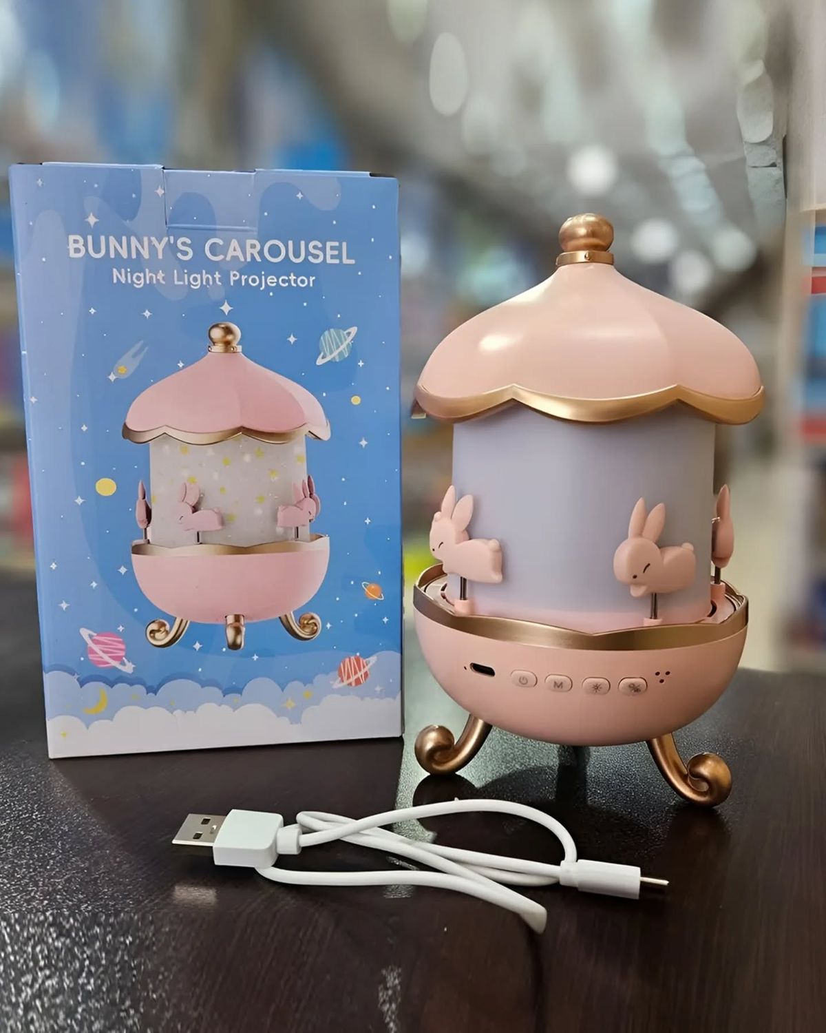 Bunny Carousel Night Light Projector – 6 Film Sets, Rotating LED Star Projection Lamp, Adjustable Brightness & Colors – Magical Nursery & Kids Room Decor